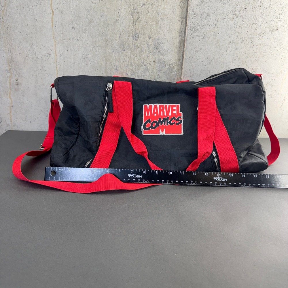 Marvel Comics Duffel Bag Black Red Vintage Comic Print Lining Travel Gym Bag